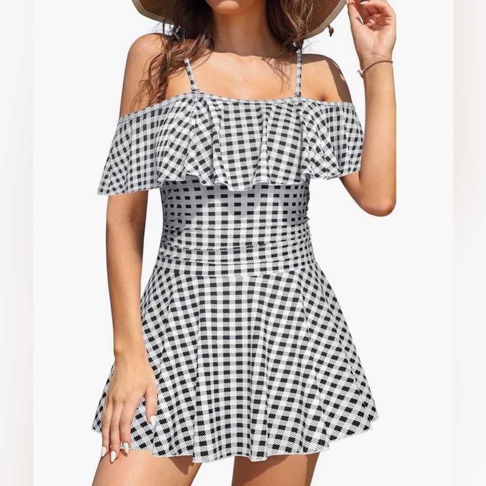 SHEKINI Off-Shoulder Ruffled Ruched One Piece Swimdress Black White Plaid M NWT